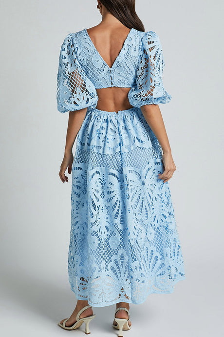 Arolora V-neck Lace Embroidery Hollow Waist Dress