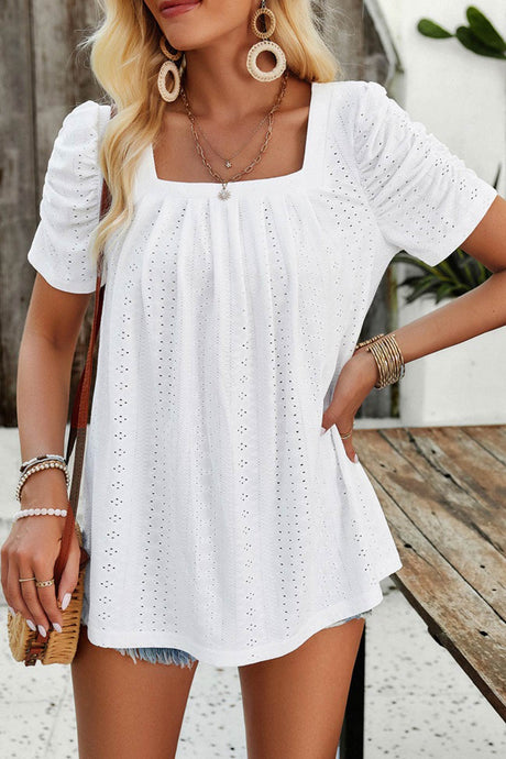 Arolora Square Neck Puff Sleeve Hollow Out Blouse