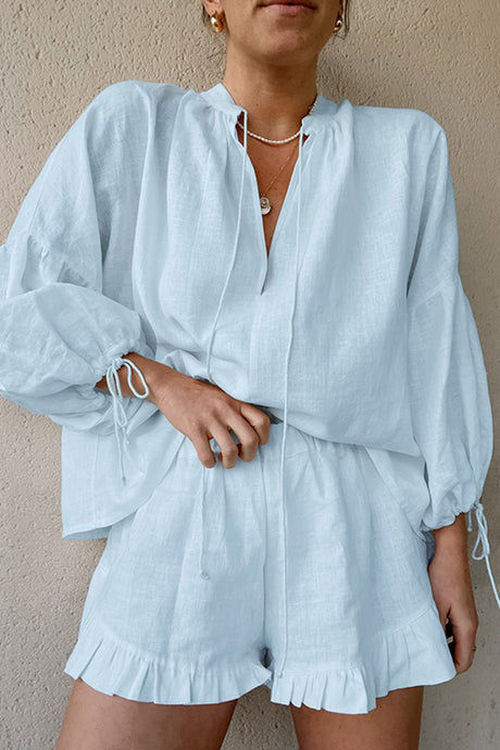 Arolora V-neck Lantern Sleeve Cotton Shirt Set