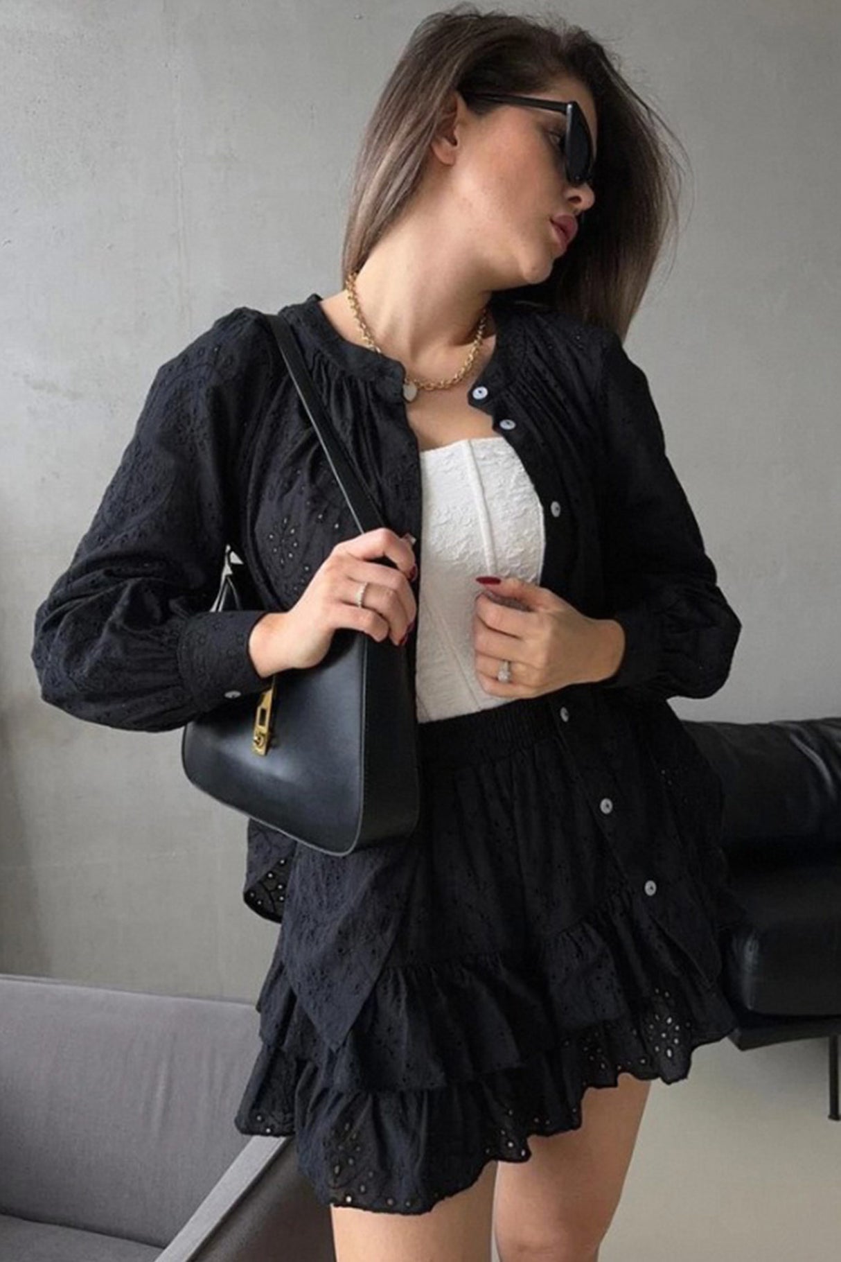 Arolora Hollow-out Jacquard Blouse Tiered Shorts Set