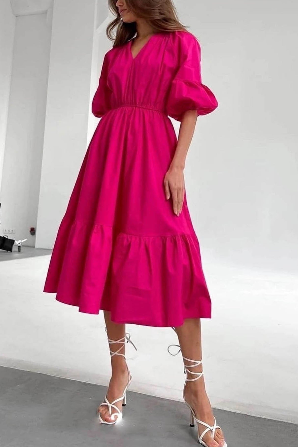 Arolora Half Sleeve V Neck High Waist Midi Dress