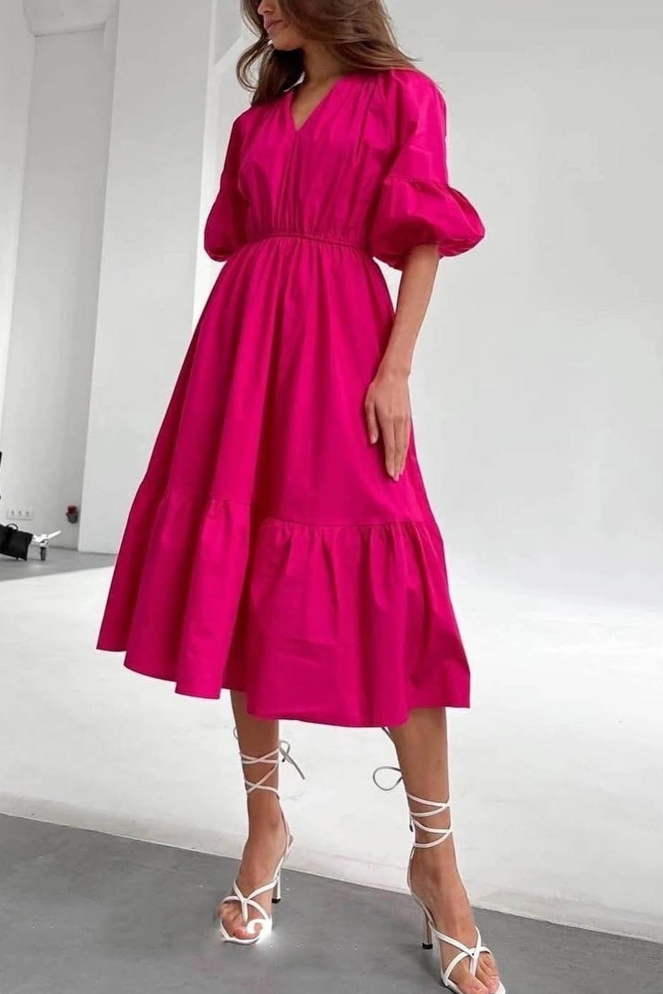 Arolora Half Sleeve V Neck High Waist Midi Dress