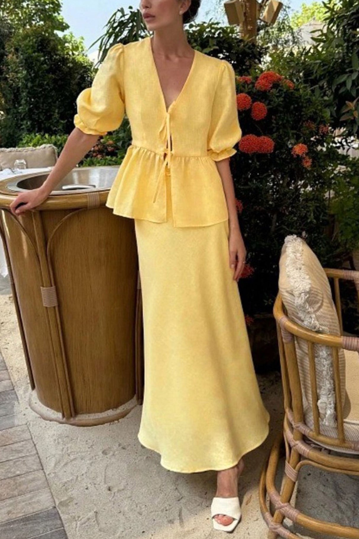 Puff Sleeve Tie-up Ruffle Cotton Shirt Skirt Set