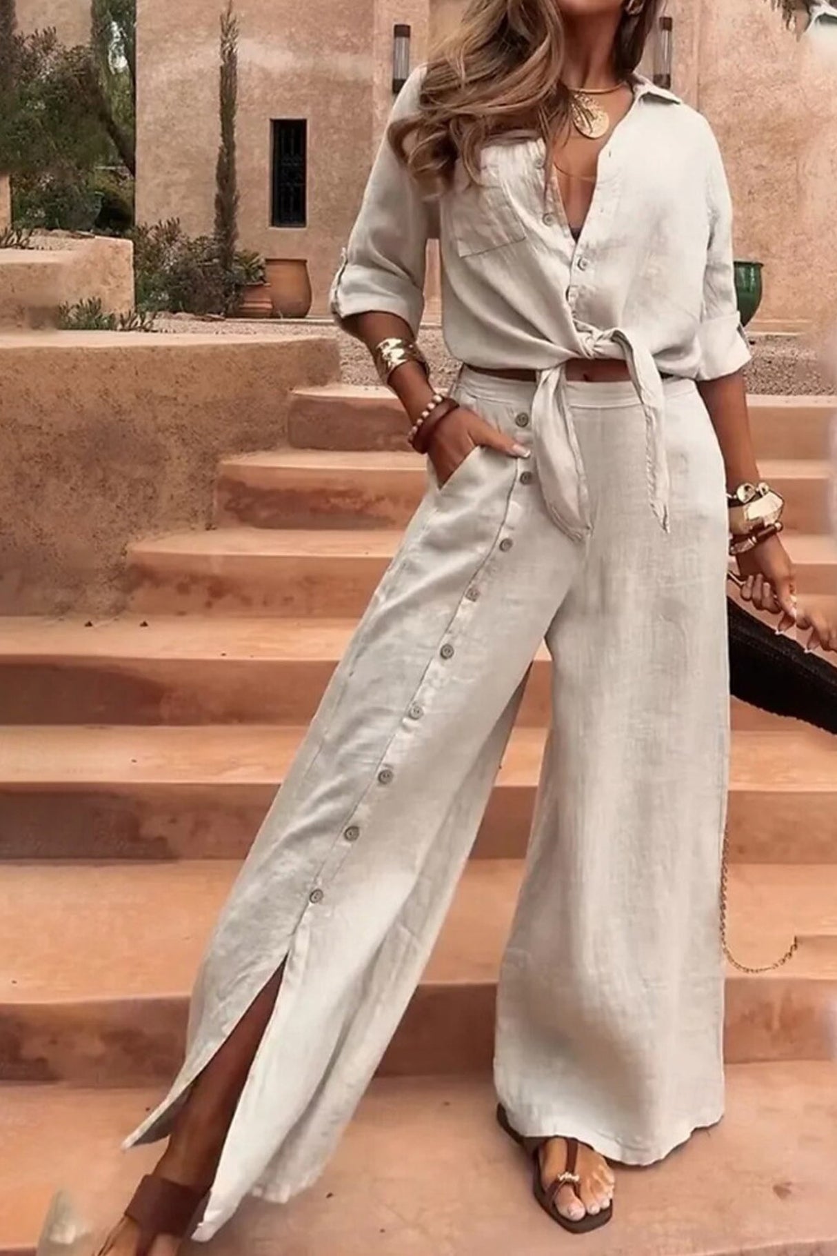 Tie-up Shirt Single-breasted Long Pants Set