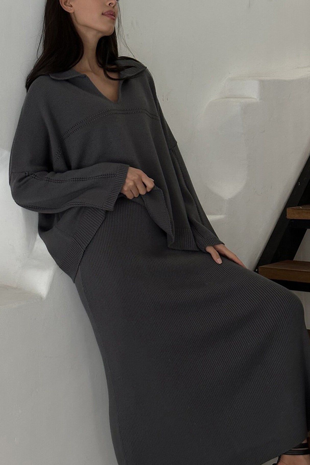 Lapel V Neck Sweater Skirt Set