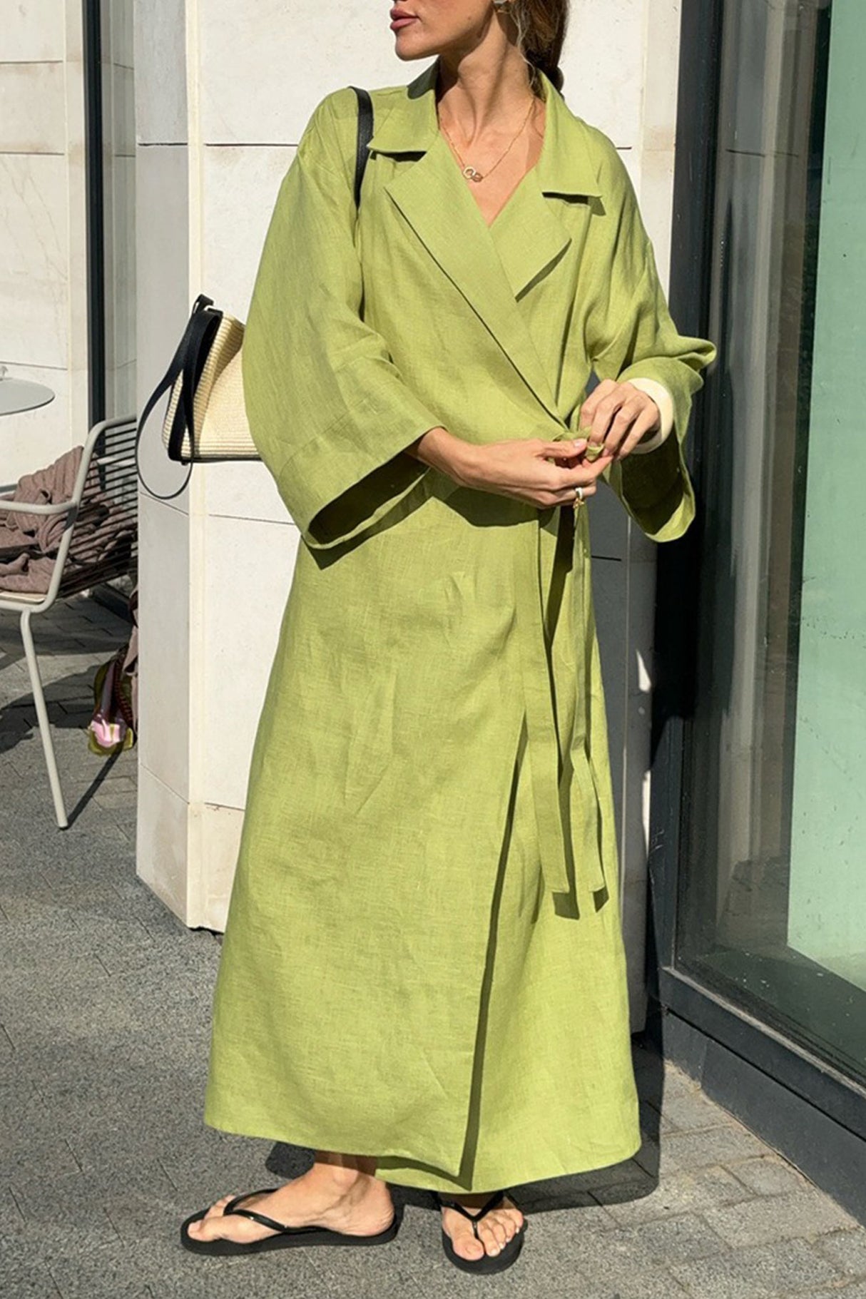 Lapel Tie-up Cotton Linen Dress