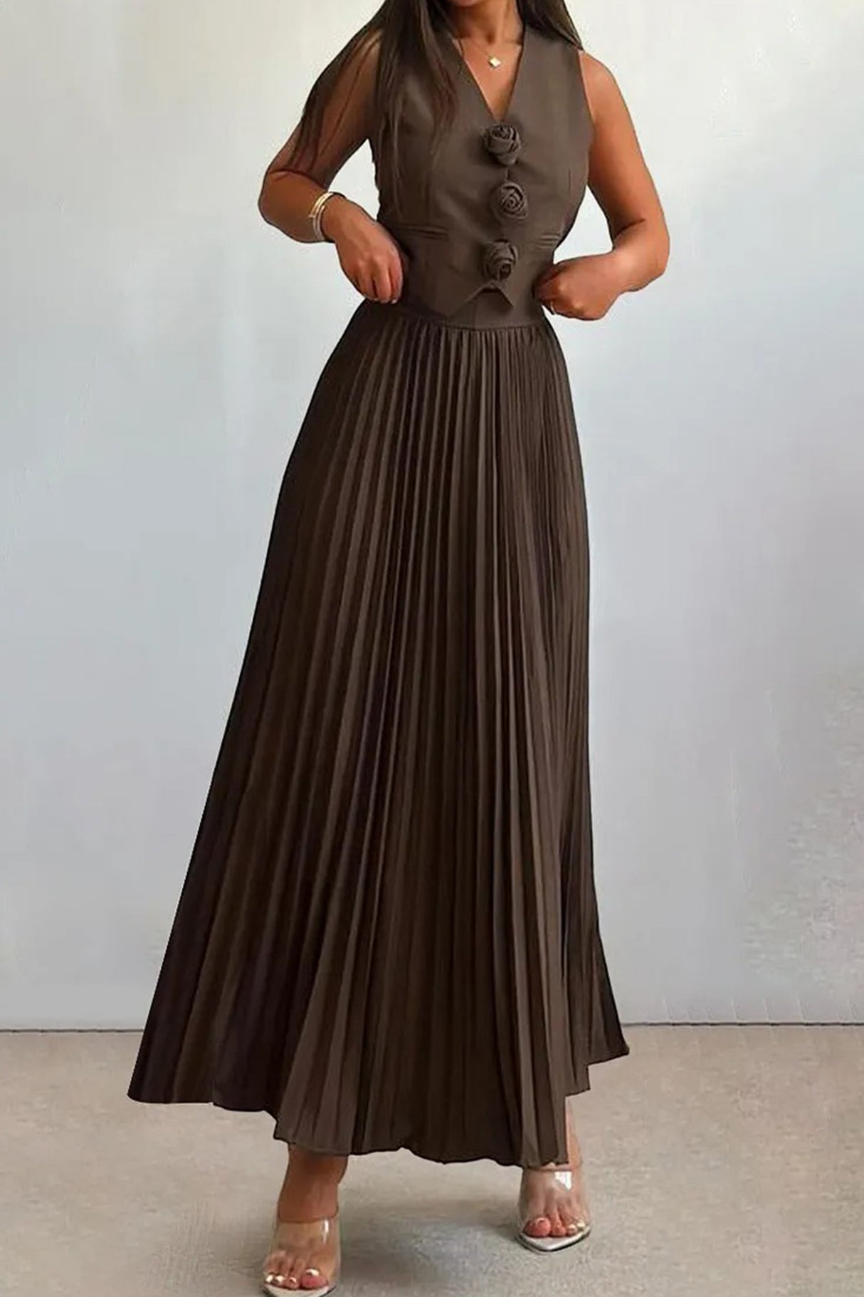 3D Floral Vest Pleated Maxi Skirt Set