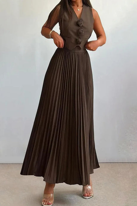 3D Floral Vest Pleated Maxi Skirt Set