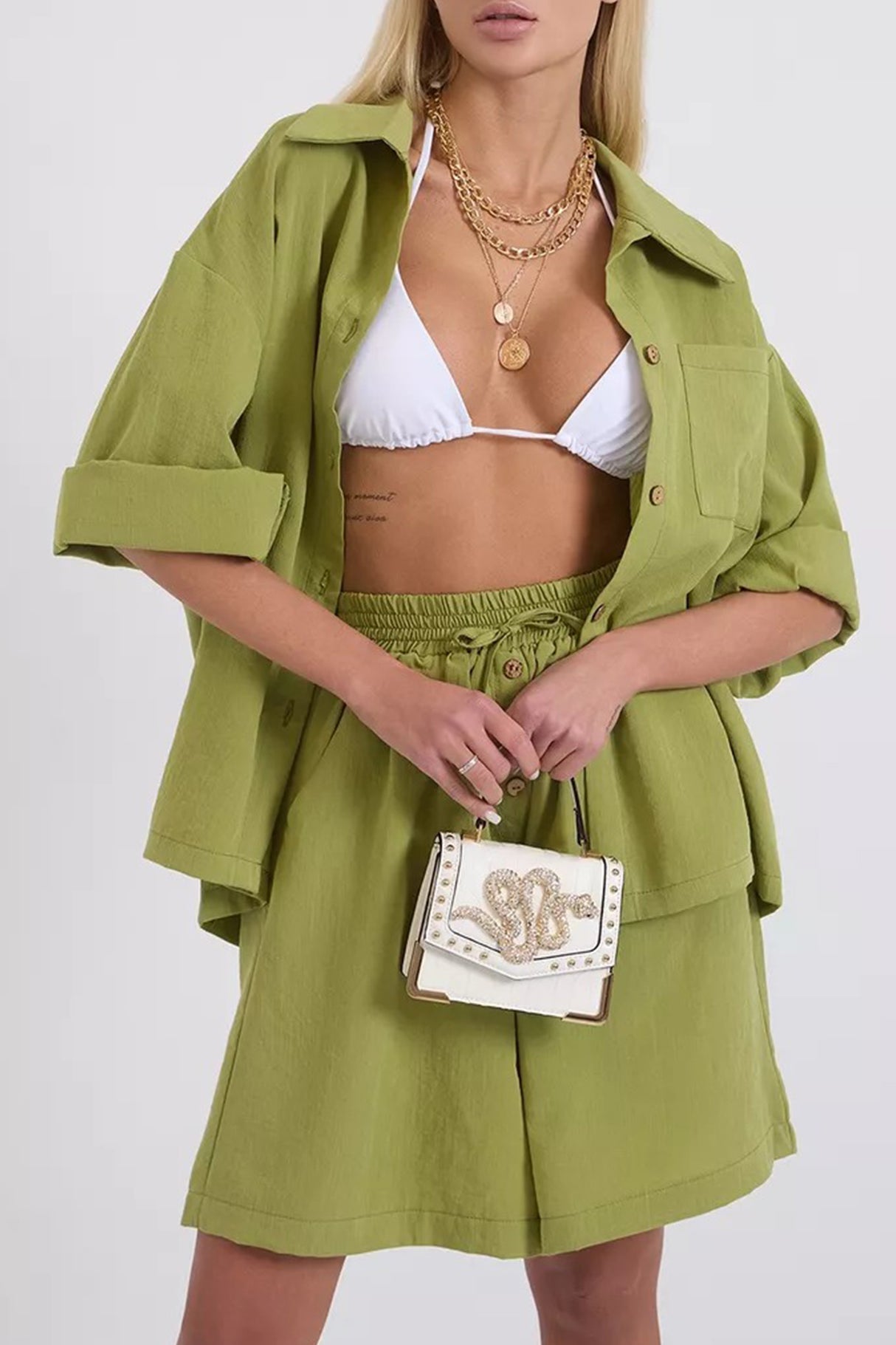 Solid Color Shirt Single-breasted Bermuda Shorts Set