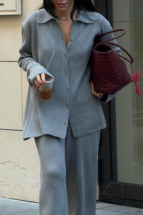 Lapel Button-down Ribbed Knit Two-piece Set