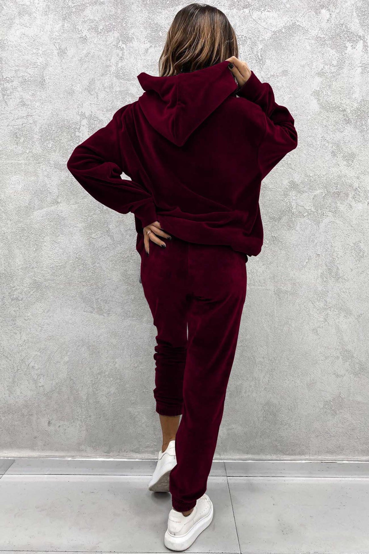 Velour Solid Color Hoodie Long Pants Set