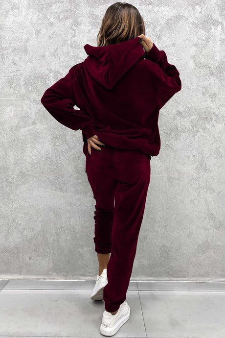 Velour Solid Color Hoodie Long Pants Set