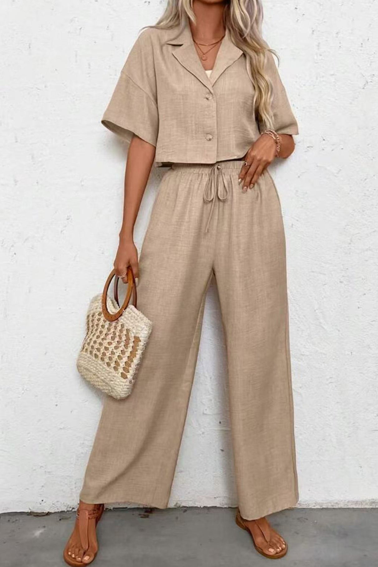 Button-down Crop Shirt Long Pants Set