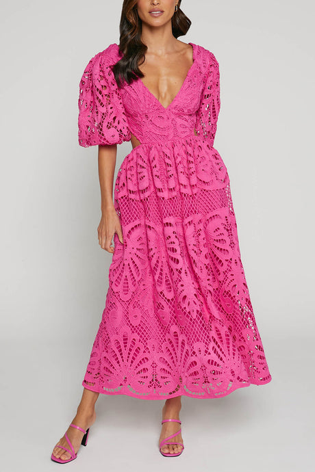Arolora V-neck Lace Embroidery Hollow Waist Dress