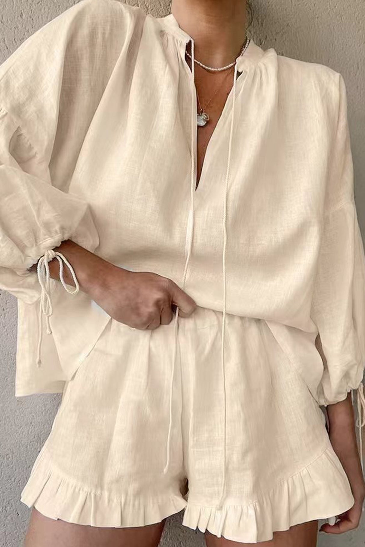 Arolora V-neck Lantern Sleeve Cotton Shirt Set