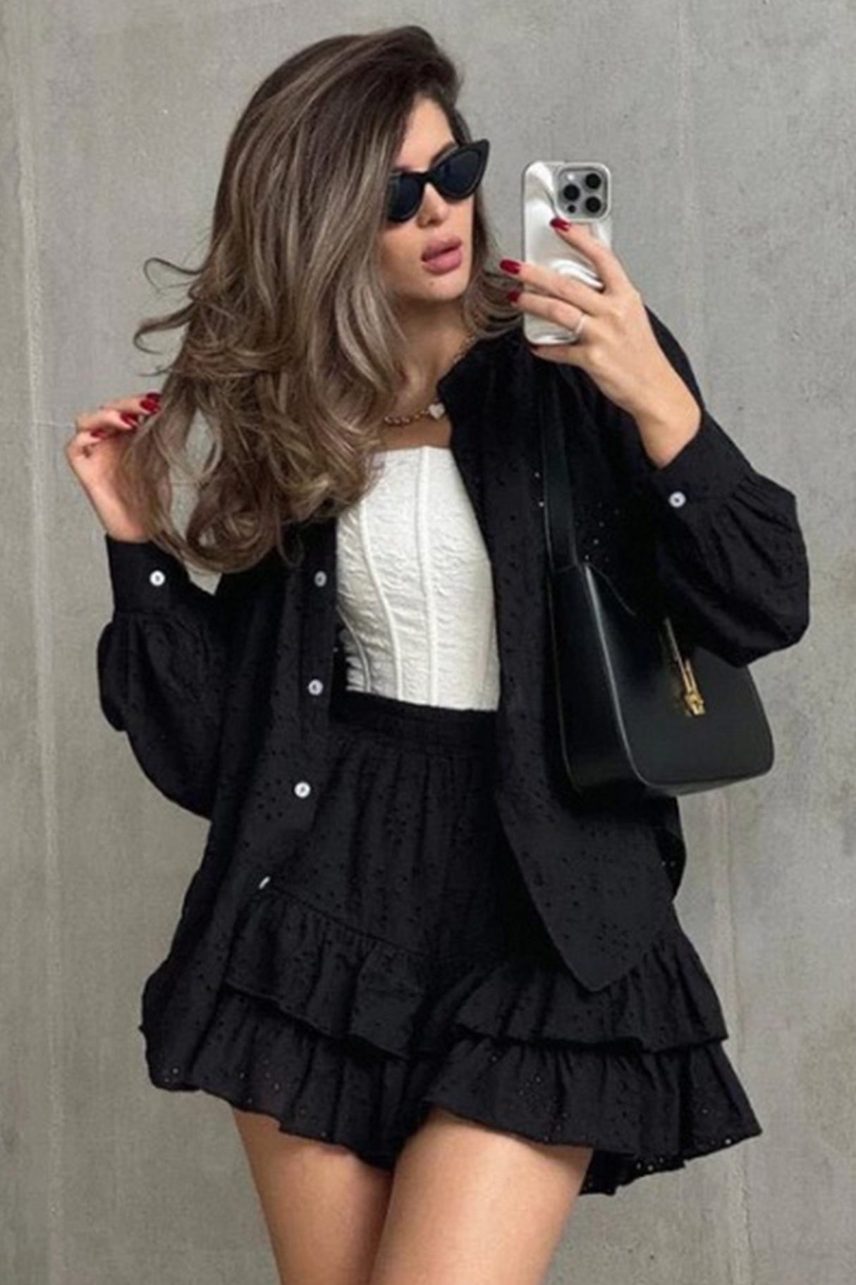 Arolora Hollow-out Jacquard Blouse Tiered Shorts Set