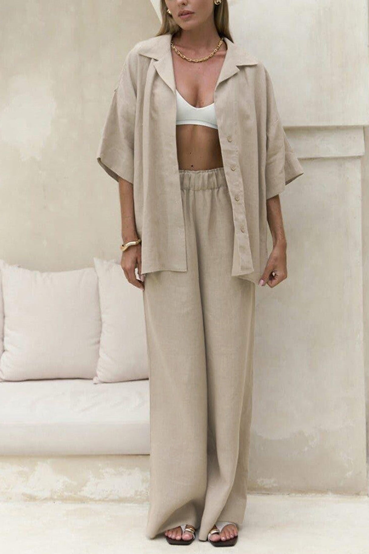 Arolora Solid Color Cotton Half Sleeve Blouse Pants Set