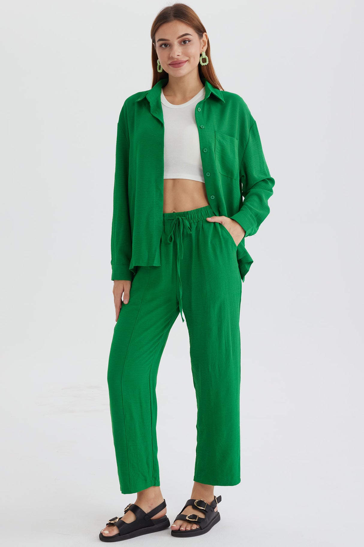 Long Sleeve Solid Color Shirt Long Pants Set