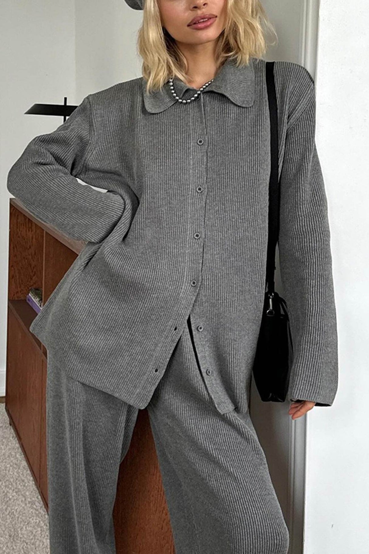 Lapel Button-down Ribbed Knit Two-piece Set