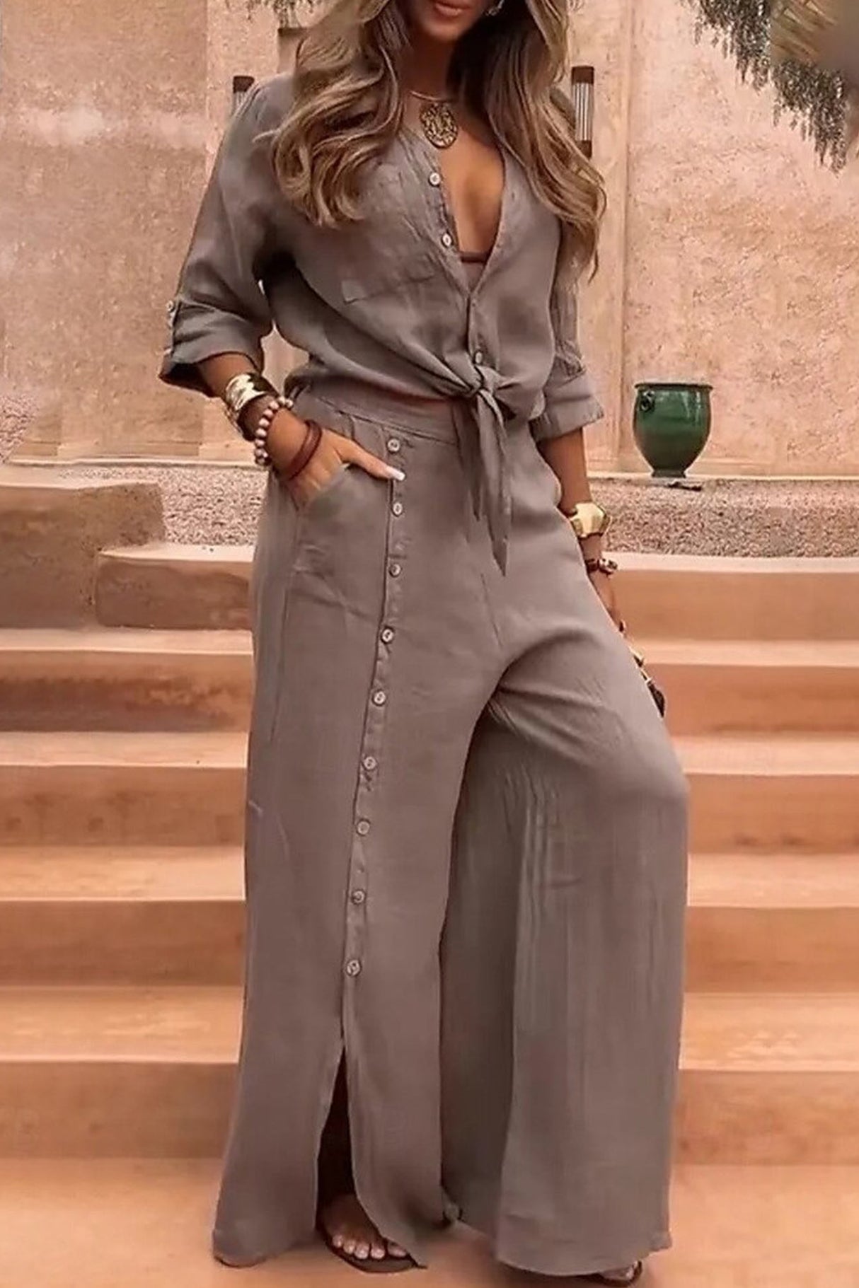 Tie-up Shirt Single-breasted Long Pants Set