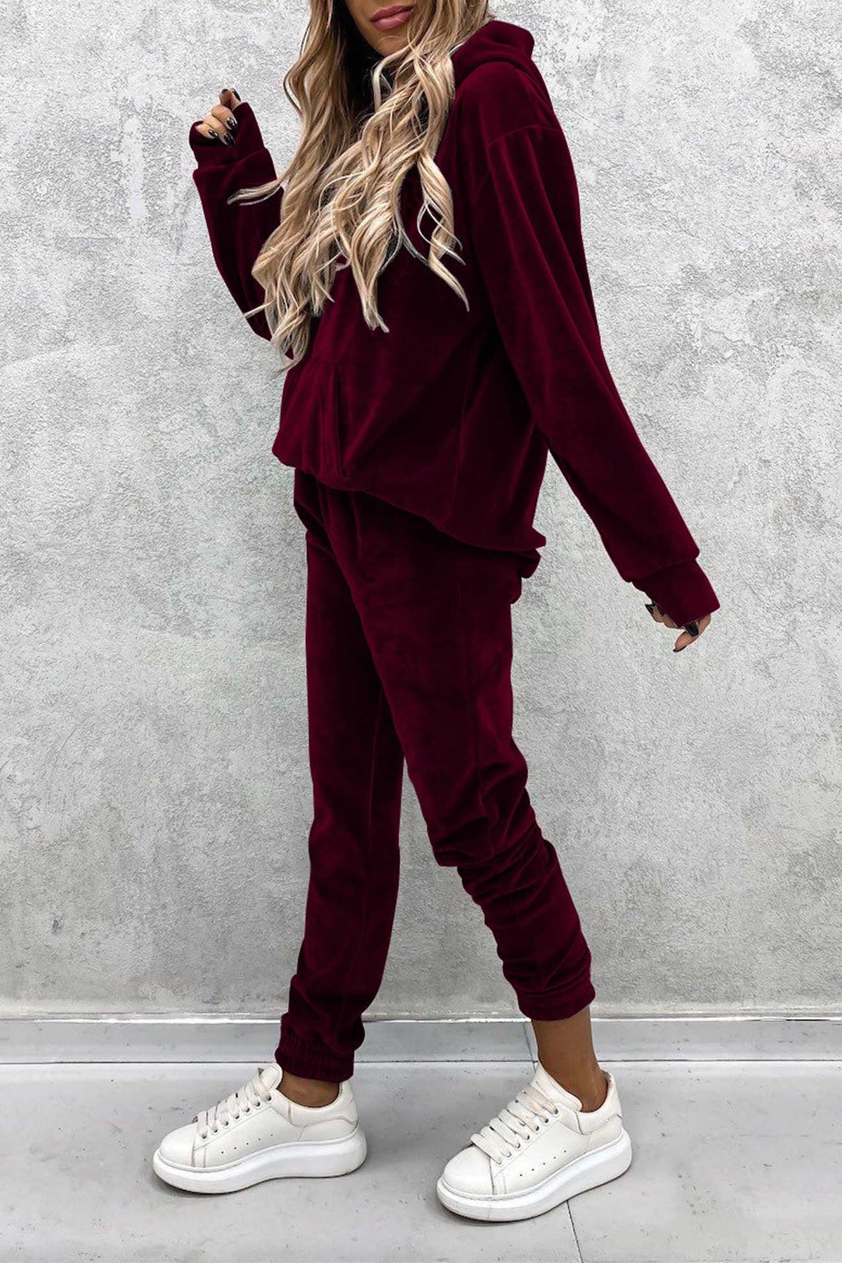 Velour Solid Color Hoodie Long Pants Set
