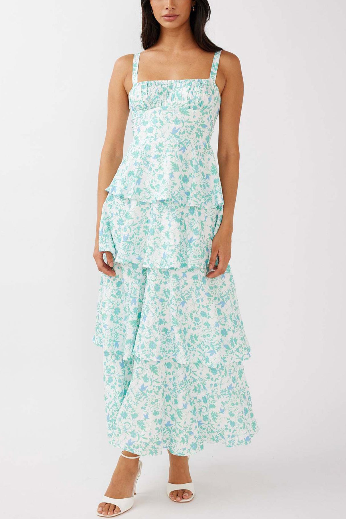 Arolora Floral Print Tie-up Tiered Midi Dress