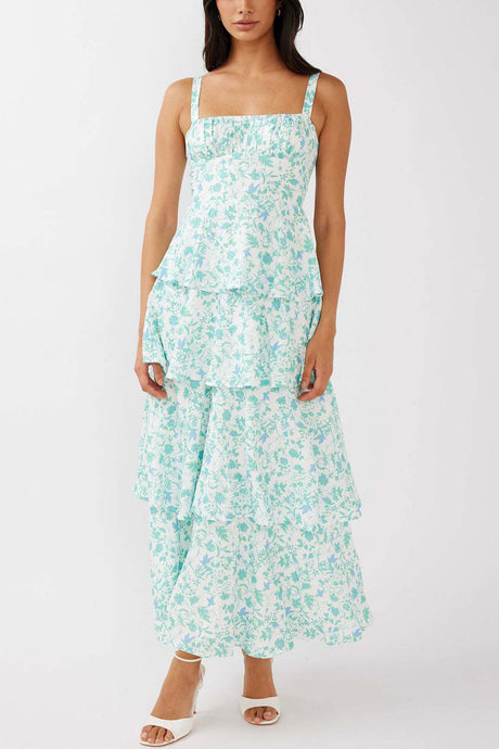 Arolora Floral Print Tie-up Tiered Midi Dress
