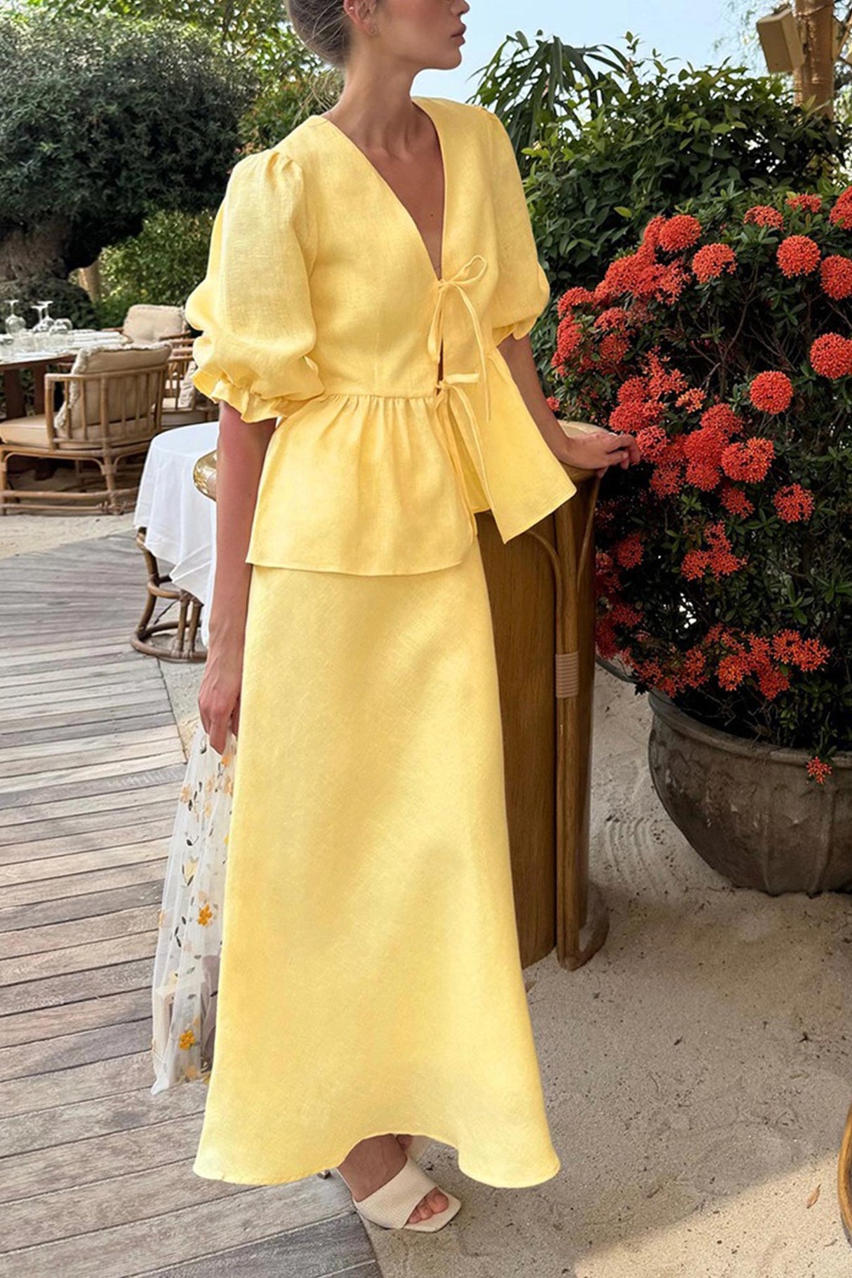 Puff Sleeve Tie-up Ruffle Cotton Shirt Skirt Set