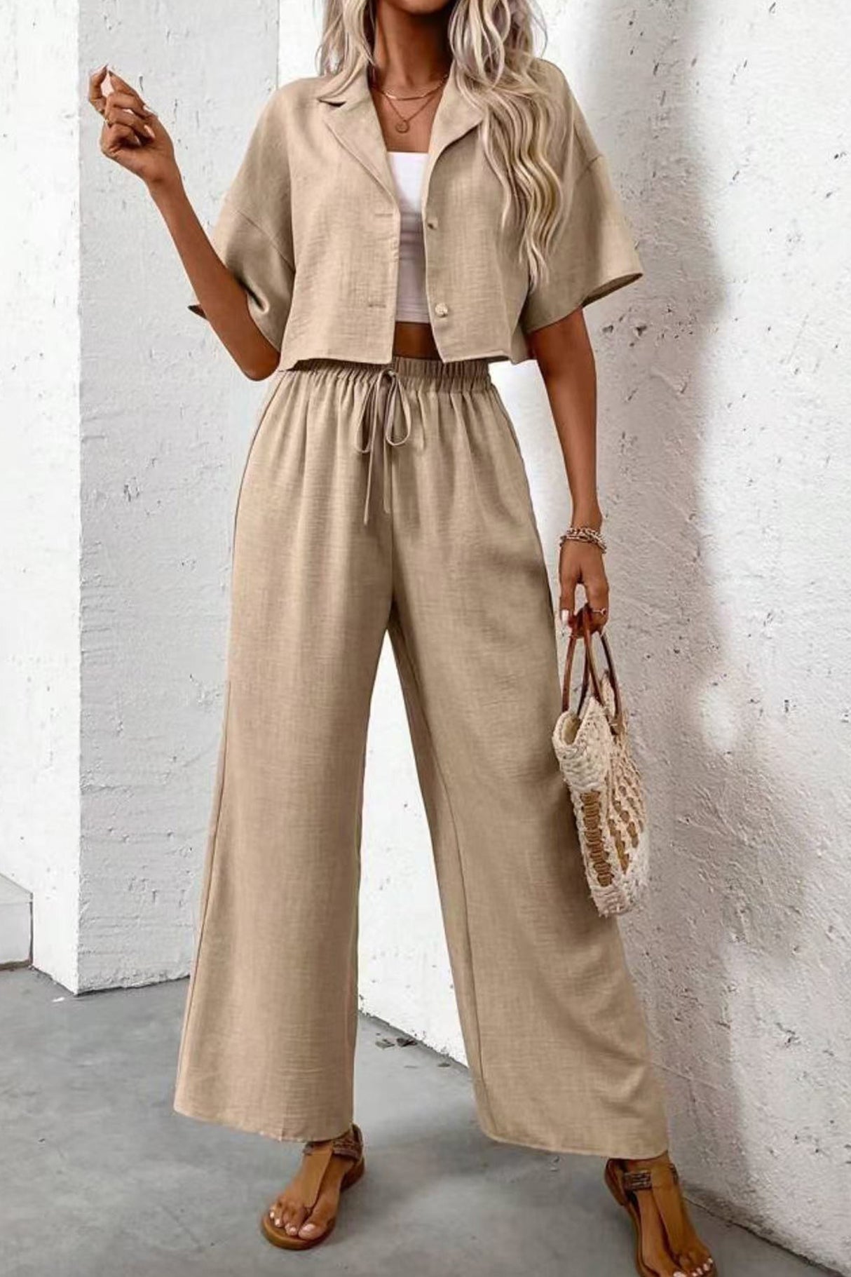 Button-down Crop Shirt Long Pants Set