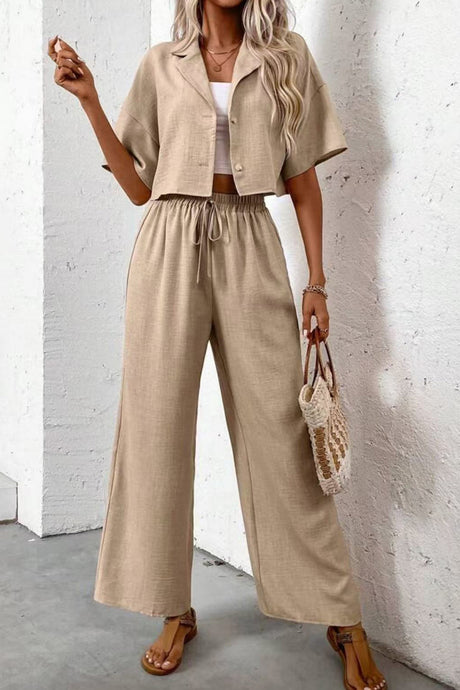 Button-down Crop Shirt Long Pants Set