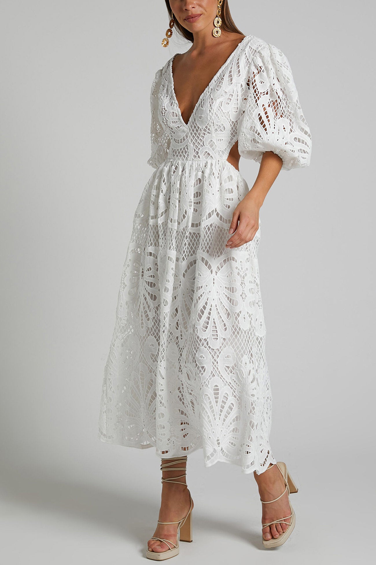 Arolora V-neck Lace Embroidery Hollow Waist Dress
