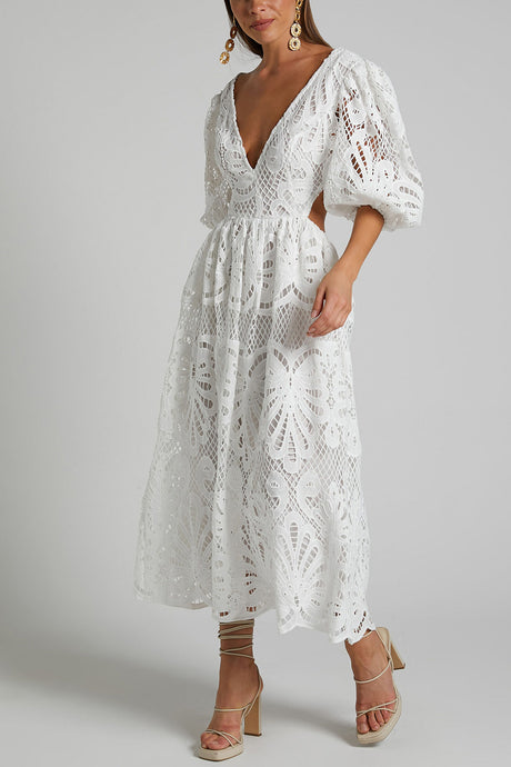 Arolora V-neck Lace Embroidery Hollow Waist Dress