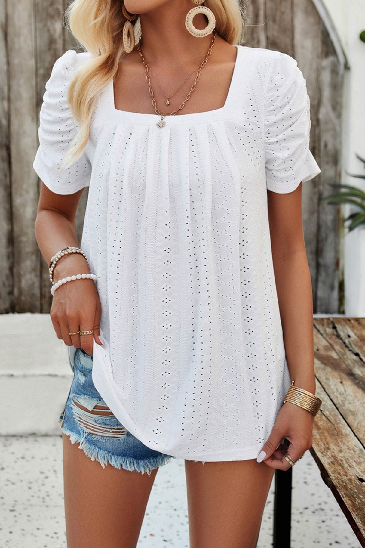 Arolora Square Neck Puff Sleeve Hollow Out Blouse