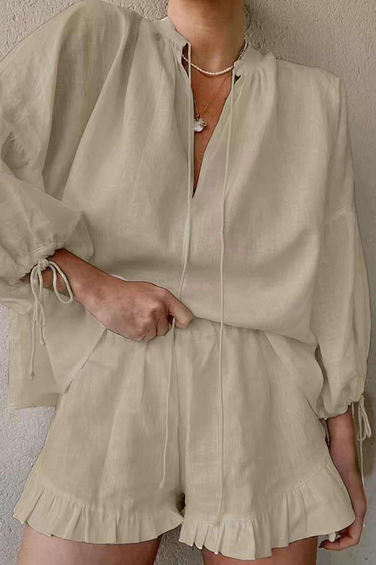 Arolora V-neck Lantern Sleeve Cotton Shirt Set