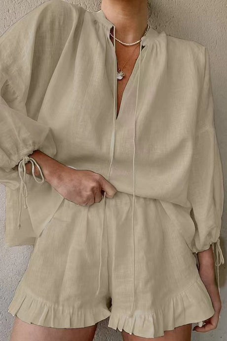 Arolora V-neck Lantern Sleeve Cotton Shirt Set