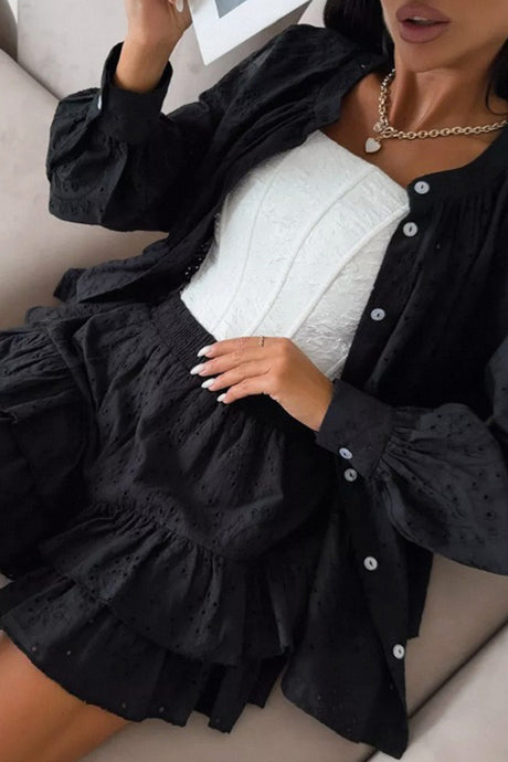 Arolora Hollow-out Jacquard Blouse Tiered Shorts Set