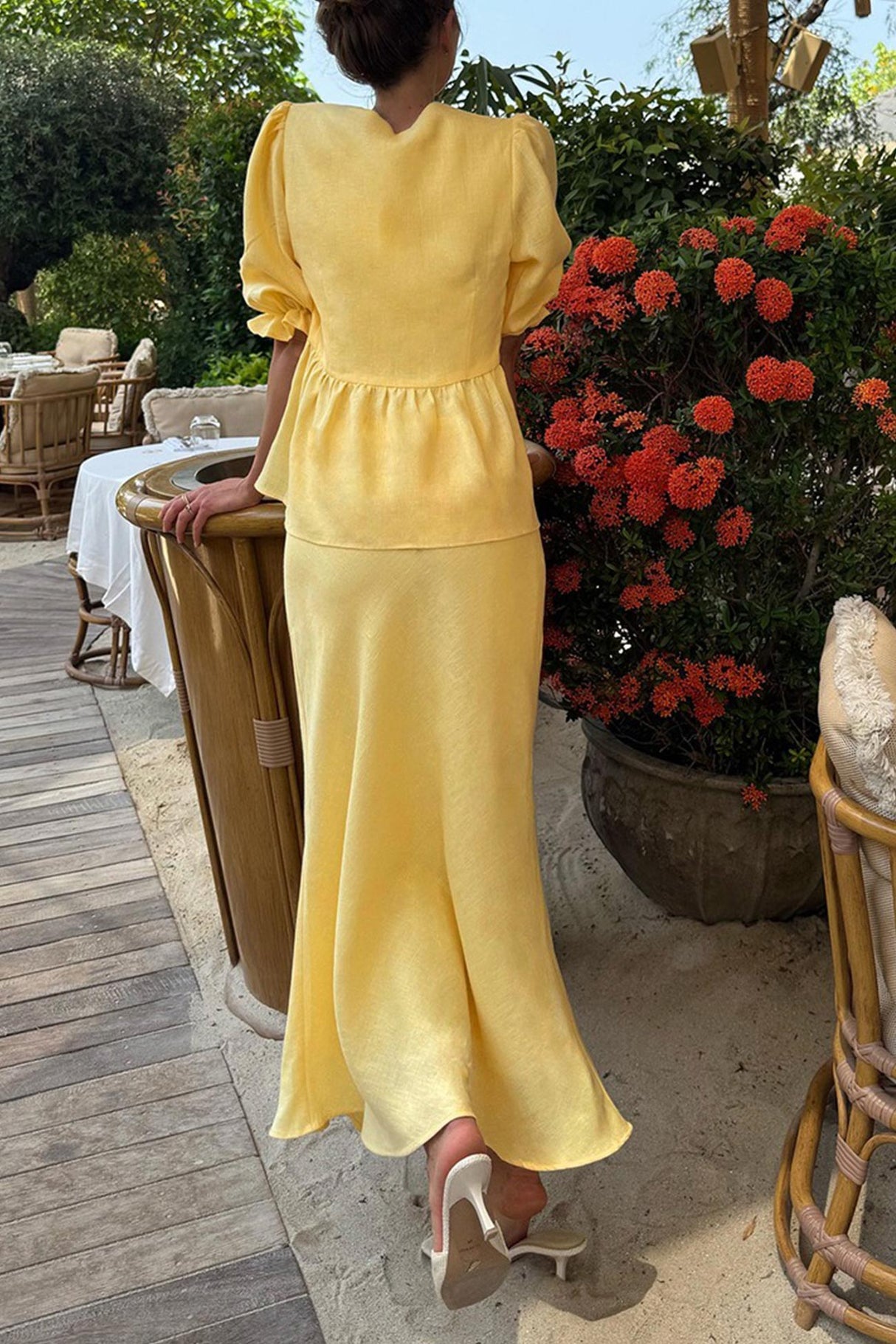 Puff Sleeve Tie-up Ruffle Cotton Shirt Skirt Set