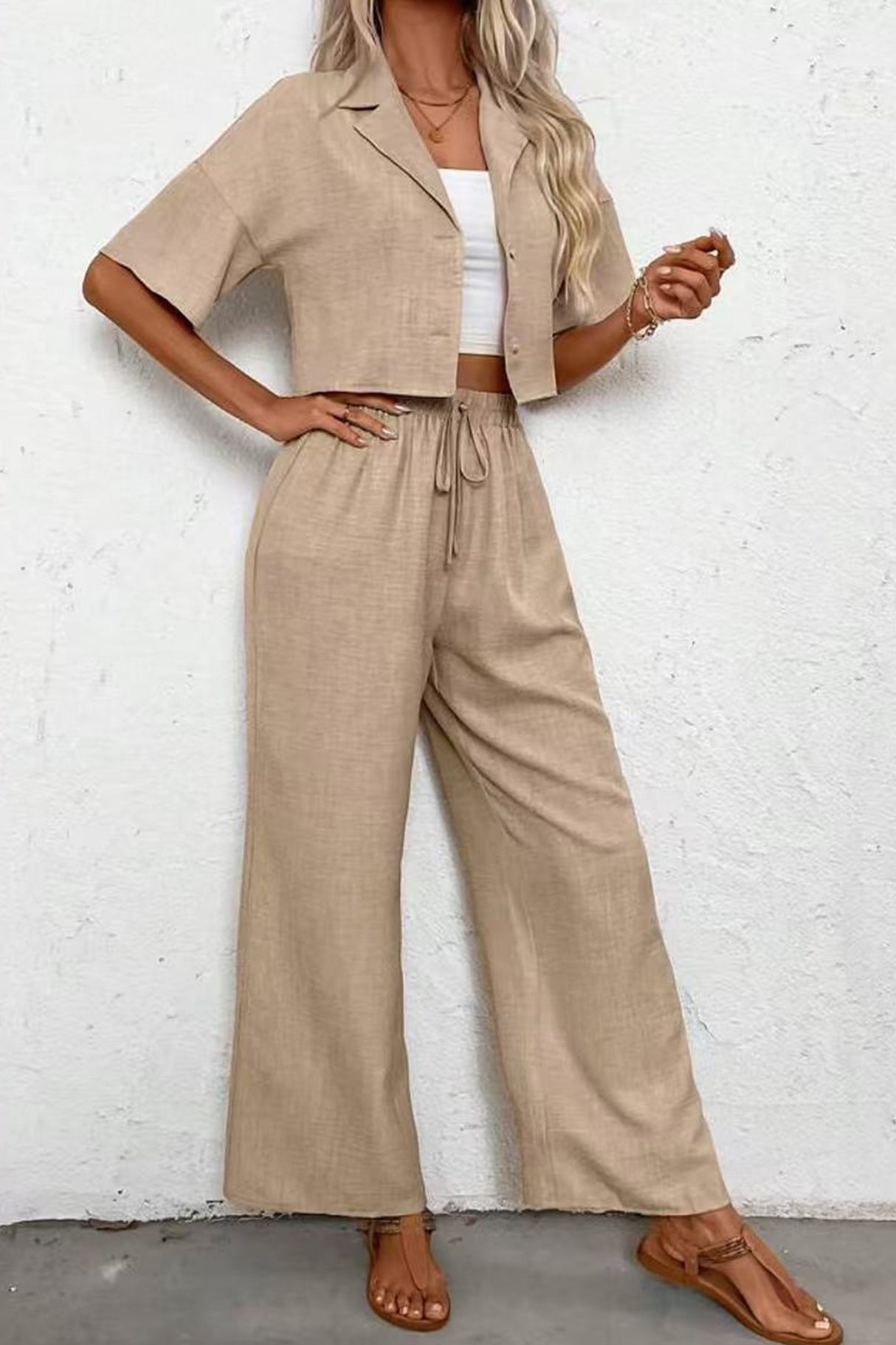 Button-down Crop Shirt Long Pants Set