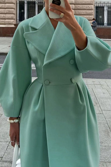 Lapel Lantern Sleeve Button-down Long Coat