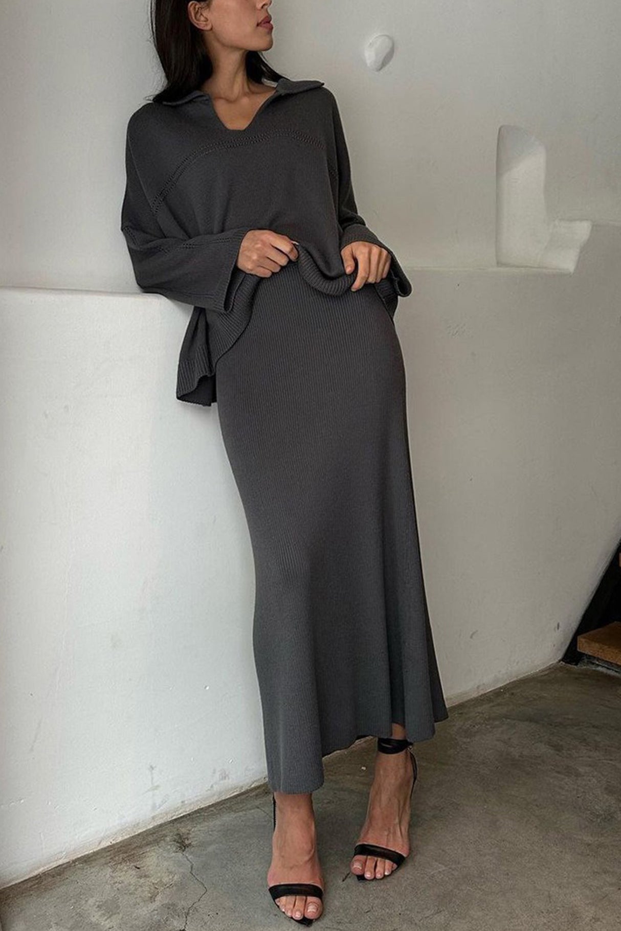 Lapel V Neck Sweater Skirt Set