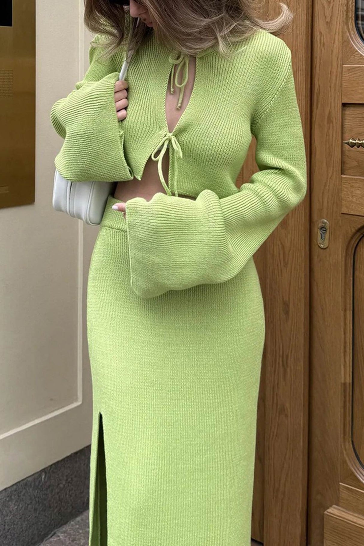 Tie-up Flare Sleeve Cardigan Knitted Skirt Set