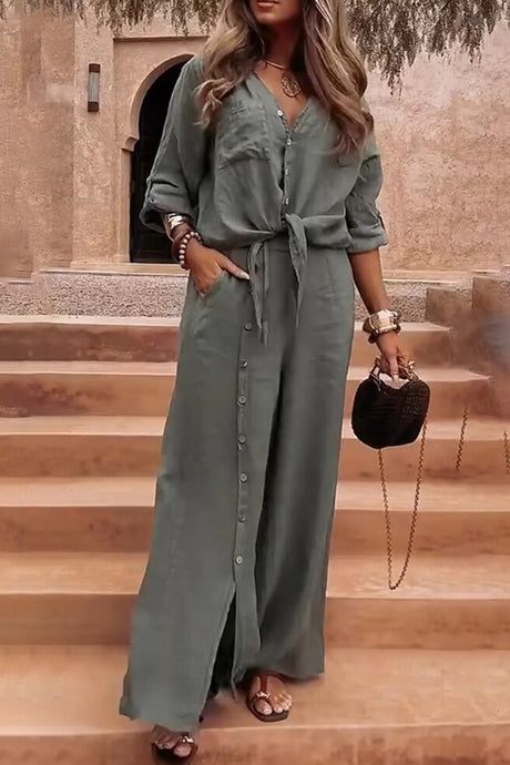 Tie-up Shirt Single-breasted Long Pants Set