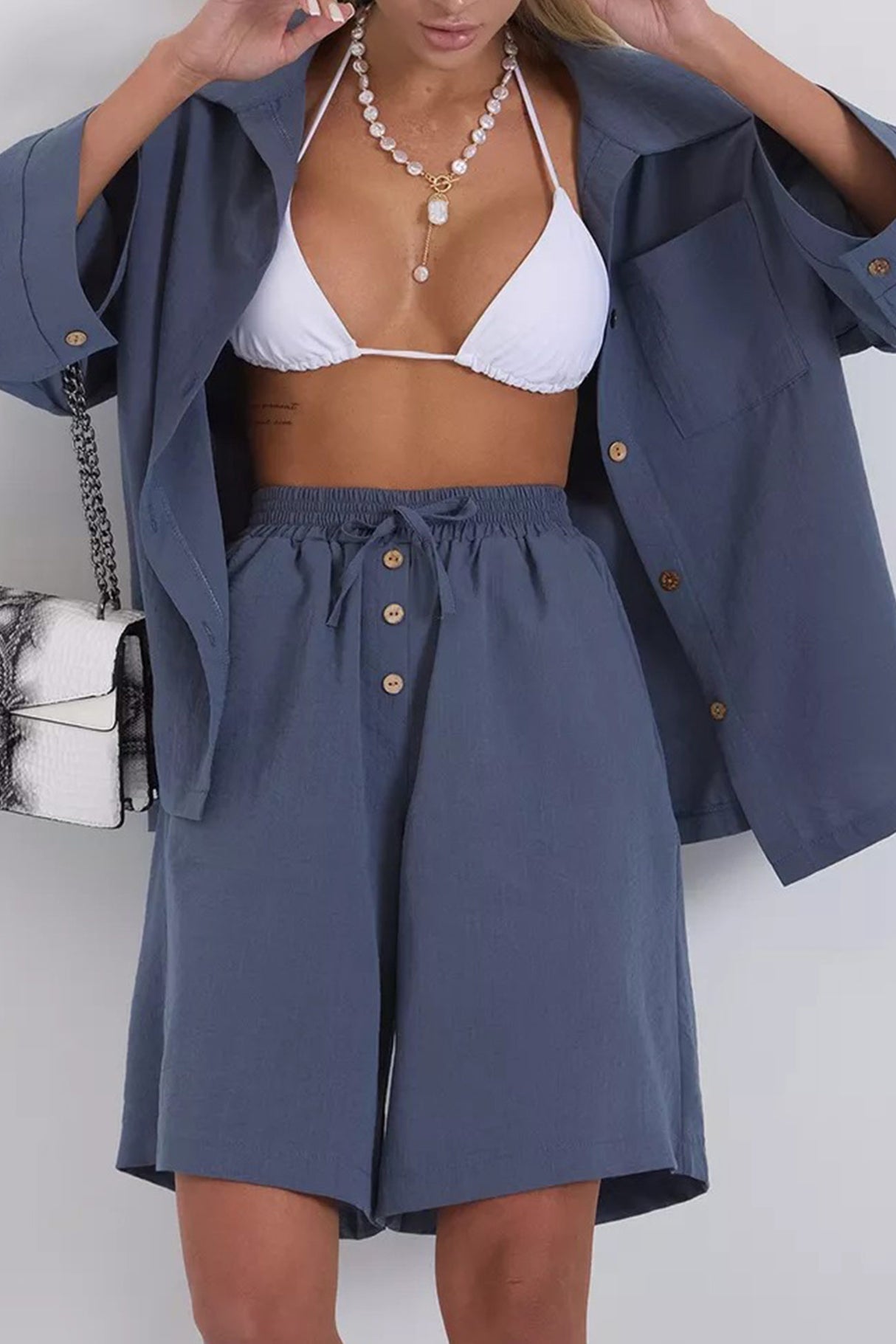 Solid Color Shirt Single-breasted Bermuda Shorts Set