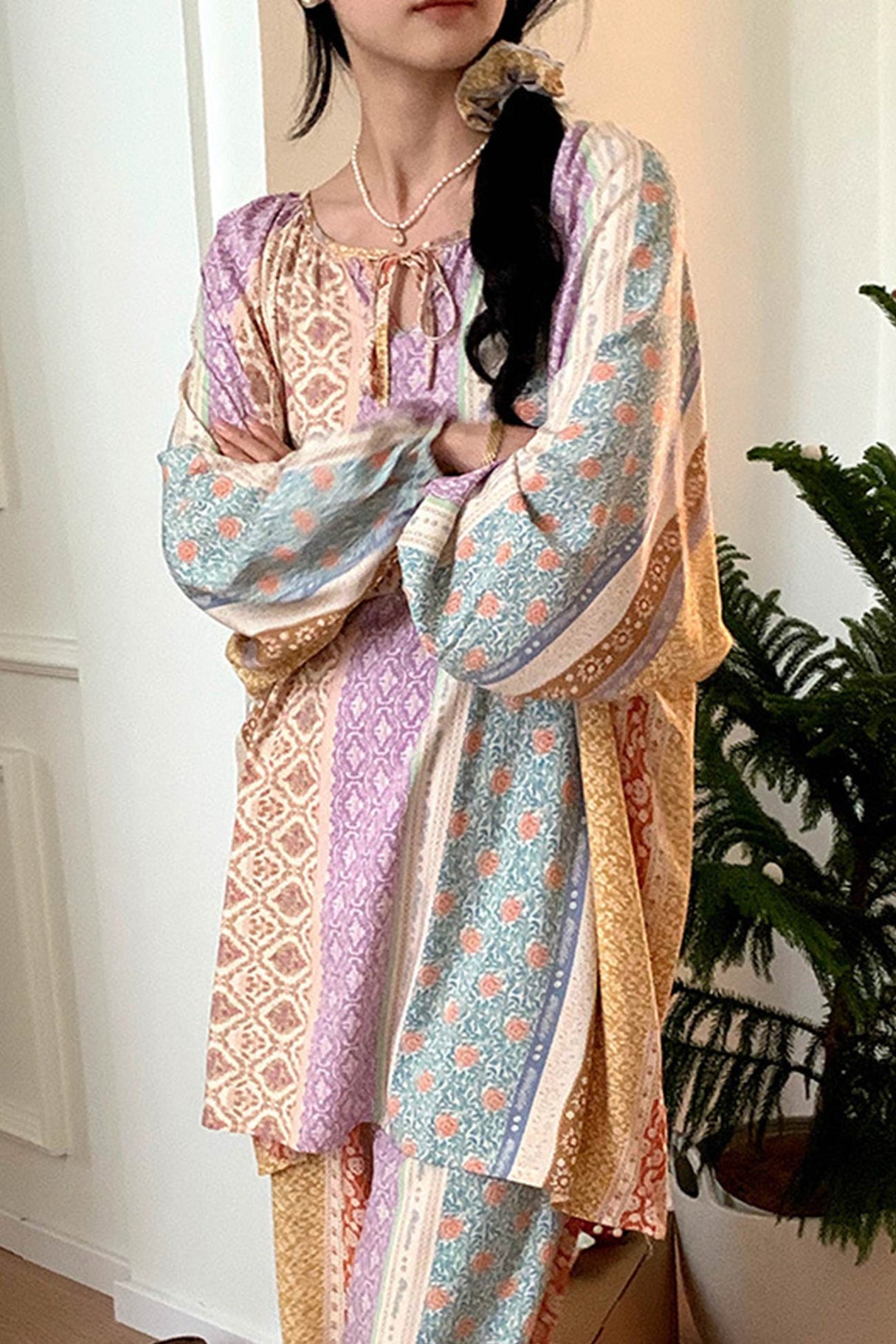 Arolora Printed Tie-up Oversize Loungewear