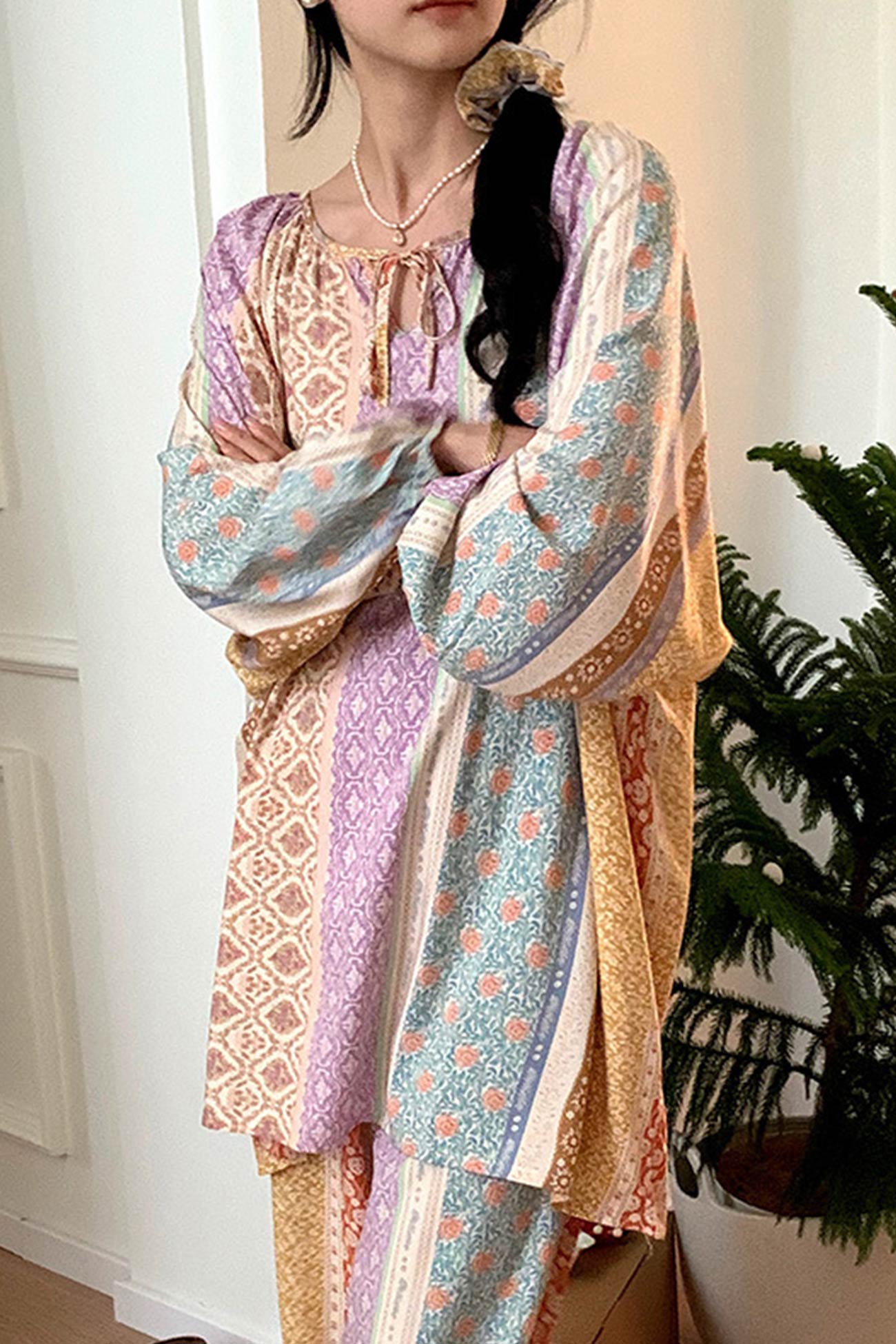 Arolora Printed Tie-up Oversize Loungewear