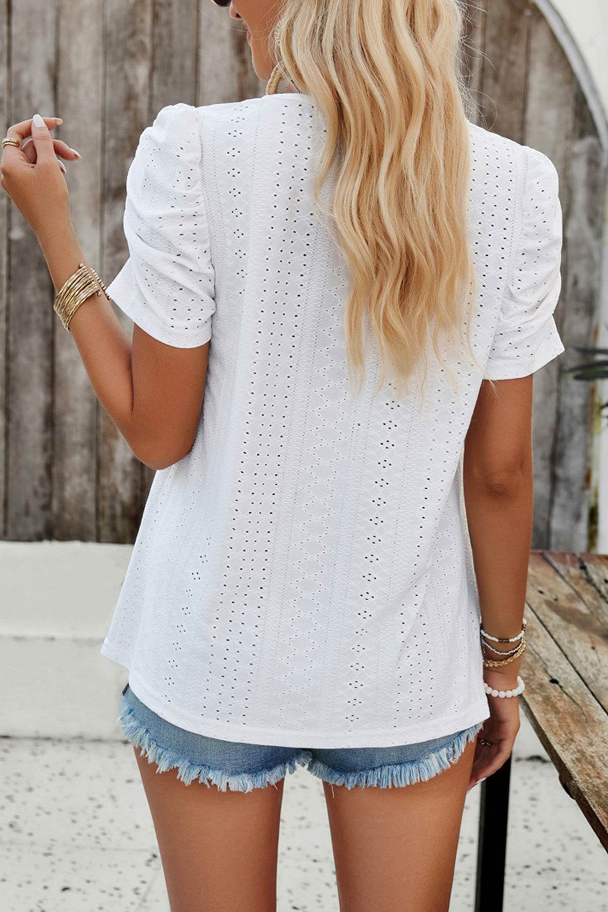 Arolora Square Neck Puff Sleeve Hollow Out Blouse