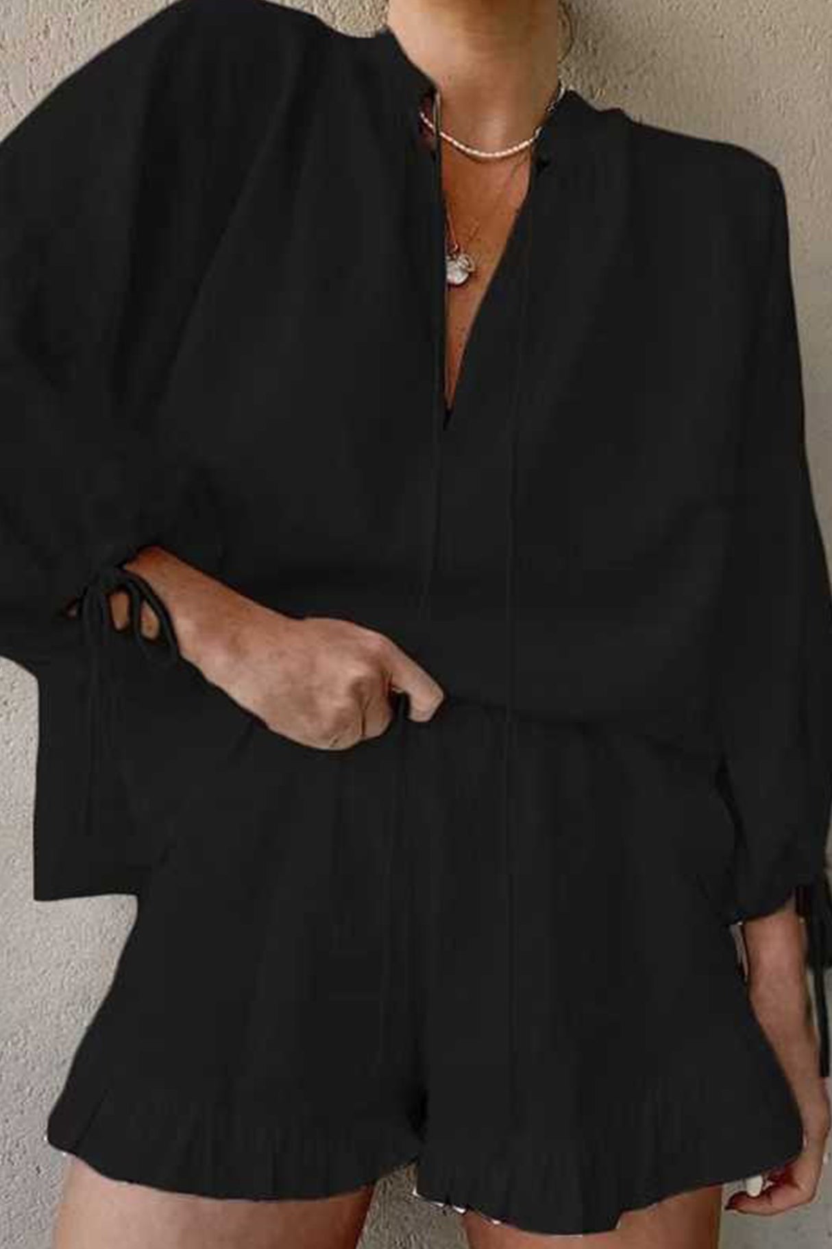 Arolora V-neck Lantern Sleeve Cotton Shirt Set