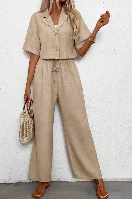 Button-down Crop Shirt Long Pants Set