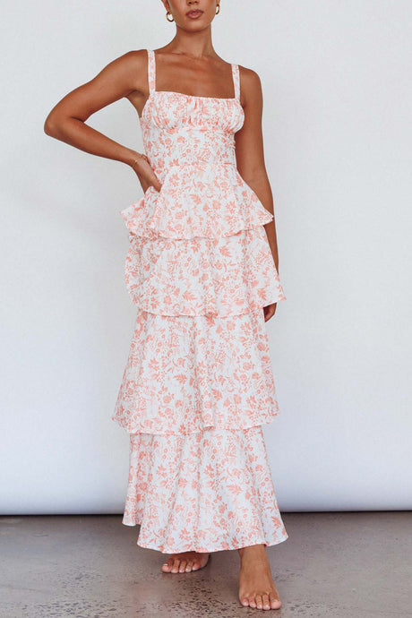 Arolora Floral Print Tie-up Tiered Midi Dress