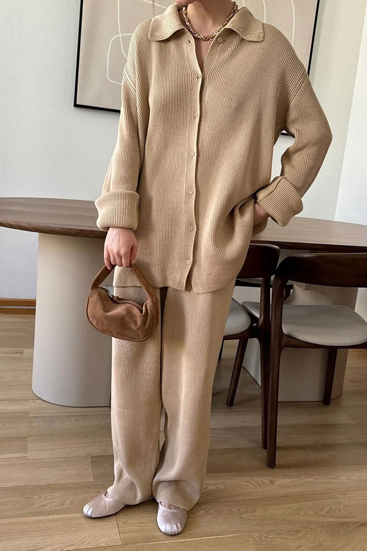 Lapel Button-down Ribbed Knit Two-piece Set